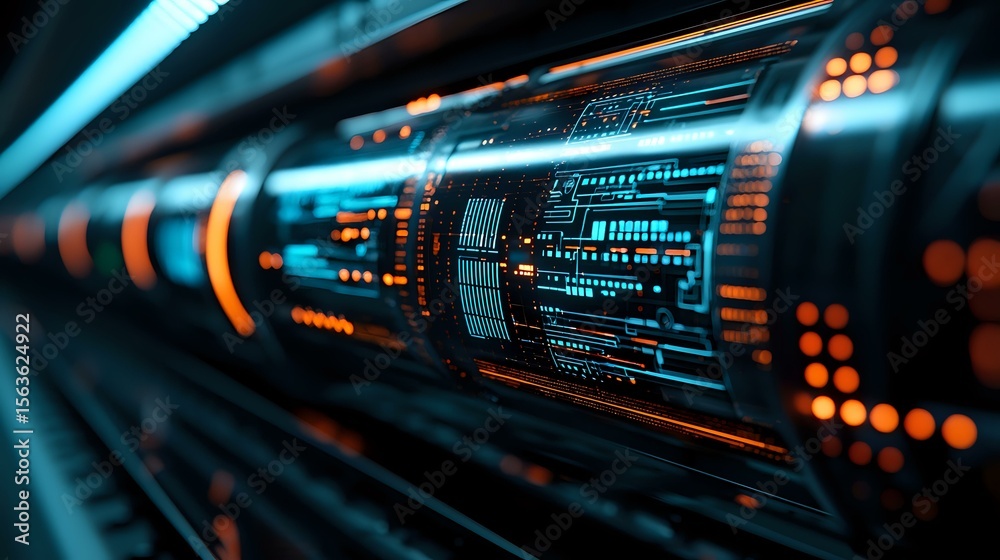 Poster futuristic technological tunnel with glowing blue and orange lights creating dynamic perspective. di