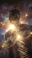 Silhouette of male figure with glowing DNA helix and cosmic elements against starry galaxy background, representing human consciousness and genetic code.