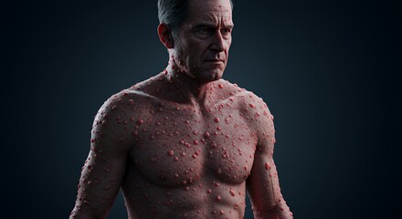 Man's torso covered in numerous red bumps, a serious medical condition depicted with a somber expression.