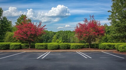 Fototapeta premium A tranquil suburban parking area with flowering trees and neatly trimmed green hedges.