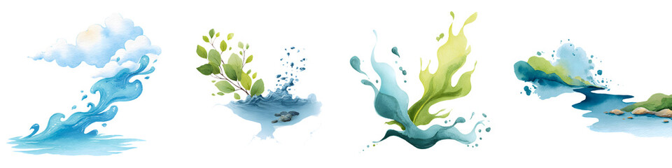 Naklejka premium Watercolor Water Splash Elements with Green Leaves on White