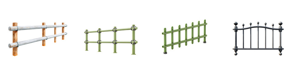 Various Metal and Wooden Fence Illustrations on White