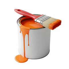 A white paint can with orange paint and a brush is isolated on transparent background, dripping with vibrant color