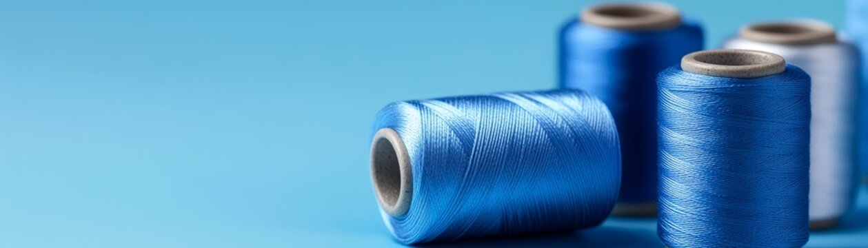 Closeup of vibrant blue thread spools on matching blue backdrop serene still life