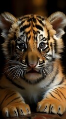 Obraz premium Close-up portrait of young tiger cub with bright blue eyes and distinctive striped fur pattern against dark background, showing innocent expression and whiskers.
