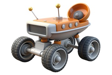 Futuristic orange and white rover with four wheels and antennae