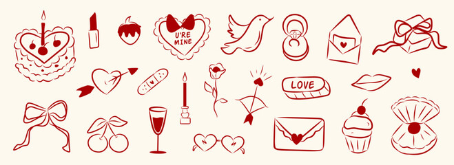 Set of hand drawn cute elements for Valentines day, wedding invitation, birthday card. Girly bows, hearts, ribbons, cherry, cake, heart frame, strawberry. Vintage elegant coquette vector illustration.