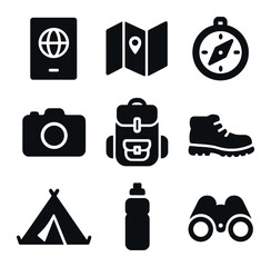 Fototapeta premium Travel Essentials Icons. Solid, filled icons set of travel essentials: passport, map, compass, camera,
