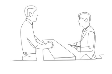Male guest wants to check in at the reception. Checking into a hotel concept one-line drawing