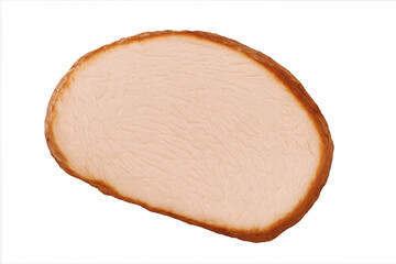 Roasted turkey breast slice revealing juicy texture, crisp golden-brown edges, resting on transparent surface