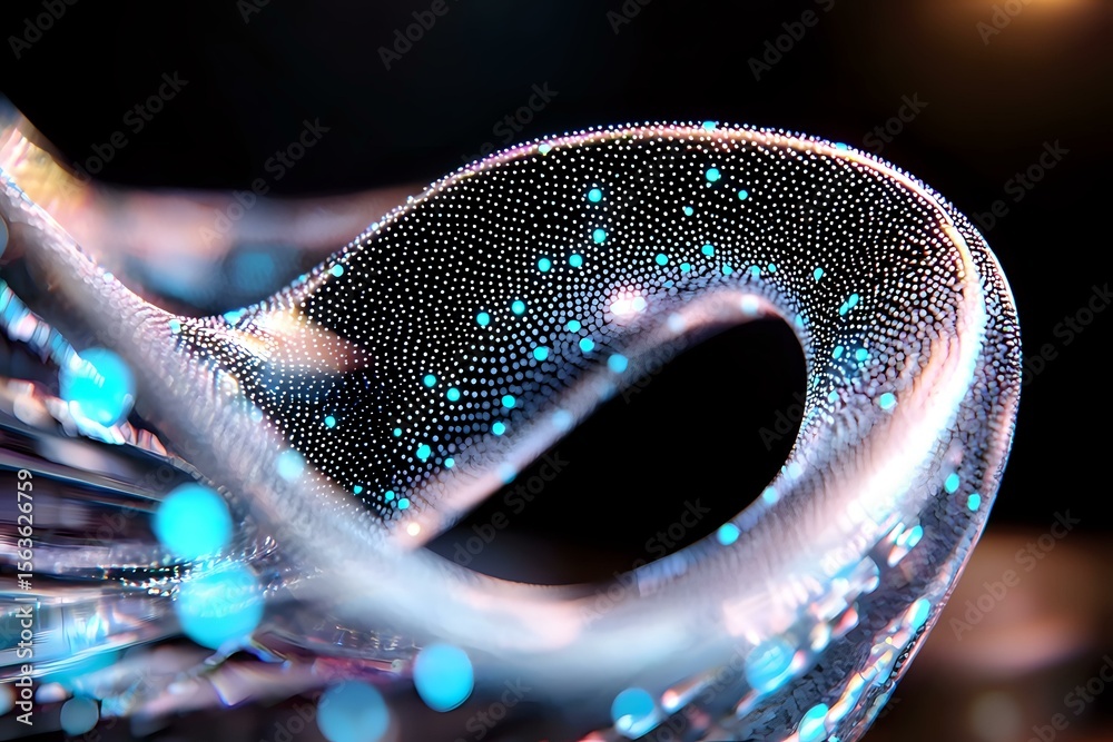 Poster abstract flowing wave form with glowing blue particles and dots creating dynamic light trails agains
