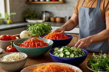 Obraz premium Freshly prepared vegetable salad ingredients vegetables preparation