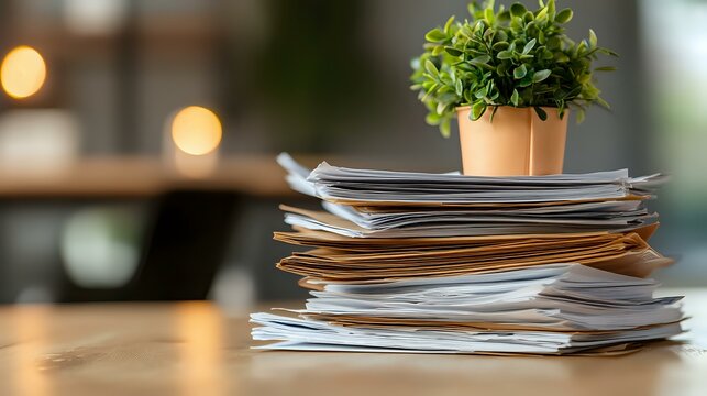Stack of papers and documents with small green plant in terracotta pot on office desk, selective focus with blurred background creating minimalist workspace atmosphere.