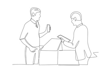 Male guest wants to check in at the reception. Checking into a hotel concept one-line drawing