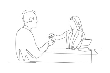 The receptionist gave the room key to the male guest. Checking into a hotel concept one-line drawing