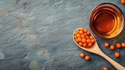 A wooden spoon filled with sea buckthorn berries next to a small glass dish of sea buckthorn oil on a stone surface.