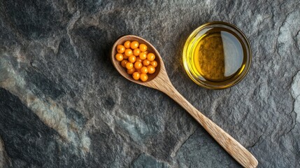 A wooden spoon filled with sea buckthorn berries next to a small glass dish of sea buckthorn oil on a stone surface.