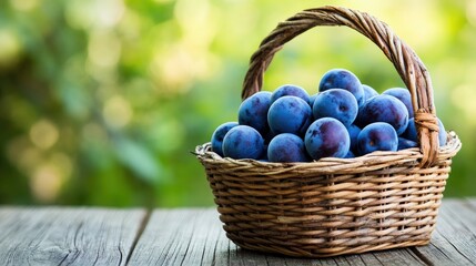 A woven basket filled with fresh blue plums, sitting on a rustic wooden garden table in soft natural daylight.