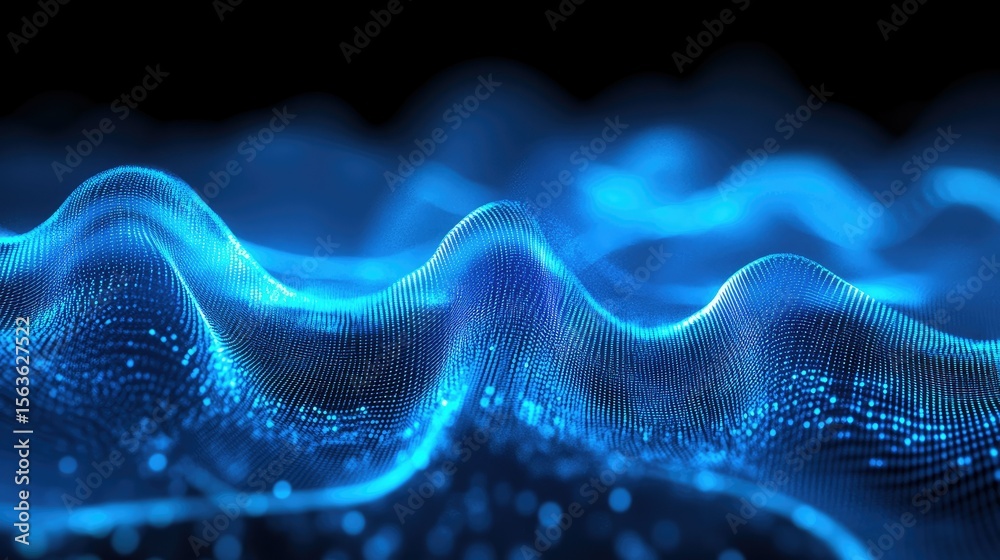 Poster abstract blue wavy data lines pulse with holographic light, creating a dynamic and modern tech-inspi