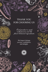 Thank you card design, floral invitation template. Vintage perfume and cosmetic hand-drawn vector illustration. Aromatic plants and flower sketches. NOT AI generated