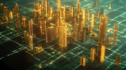 Abstract city of the future with connected data points, glowing gradient network lines forming an intelligent AI-driven infrastructure