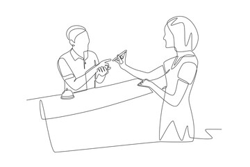 Female guest wants to check in at the reception. Checking into a hotel concept one-line drawing