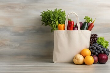 White canvas bag filled with fruits and vegetables