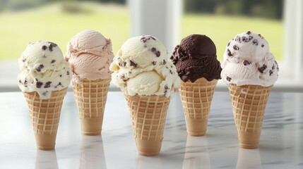 Aesthetic arrangement of assorted ice cream cones, featuring classic and exotic flavors, placed on a marble countertop.