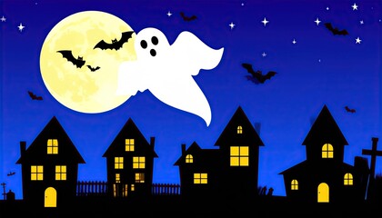 Halloween Ghost with Night Sky, Houses, and Bats.