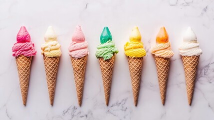 Aesthetic arrangement of assorted ice cream cones, featuring classic and exotic flavors, placed on a marble countertop.