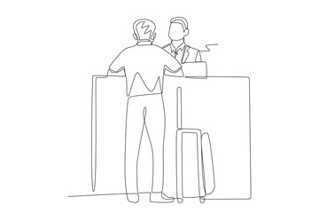 Male guest wants to check in at the reception. Checking into a hotel concept one-line drawing