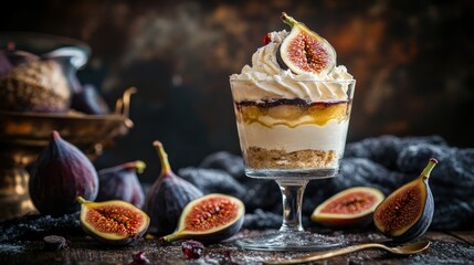 Aesthetic dessert presentation with a glass of parfait, fresh fig slices, and soft cream layers, styled for a cozy atmosphere.
