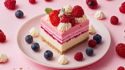 Aesthetic food photography featuring a creamy New York cheesecake slice with fresh berries and delicate cream swirls.