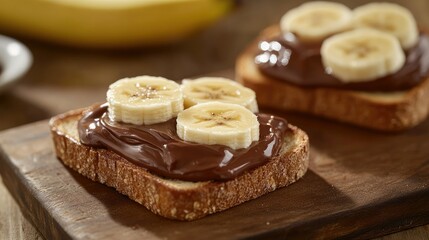 Aesthetic food photography featuring toast with smooth chocolate spread and banana slices, styled with warm tones.