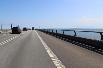 On the Öresund bridge a combined railway and motorway cable-styed bridge between Denmark and Sweden