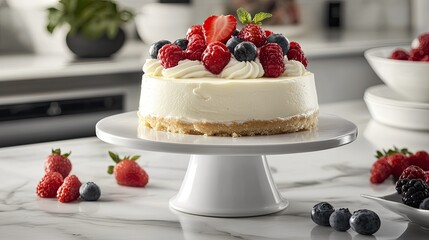 Aesthetic food photography featuring vanilla cheesecake with a buttery crust, soft whipped cream, and vibrant fresh berries.