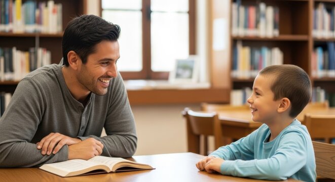 Teacher and student smiling and talking at a table in a library