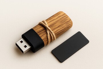 USB flash drive with a wooden case and a black cord