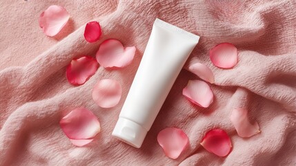 Tube of white lotion sits on a towel next to a pile of pink petals