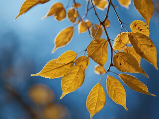 Obraz premium Golden autumn leaves against blue sky yellow branches