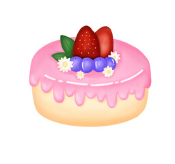 Sweet pink cake topped with strawberries, blueberries and flowers.