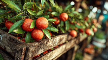 Wooden crate filled with freshly picked oranges, their textured skin and green leaves glistening with water, creating a vibrant and natural farm-fresh atmosphere