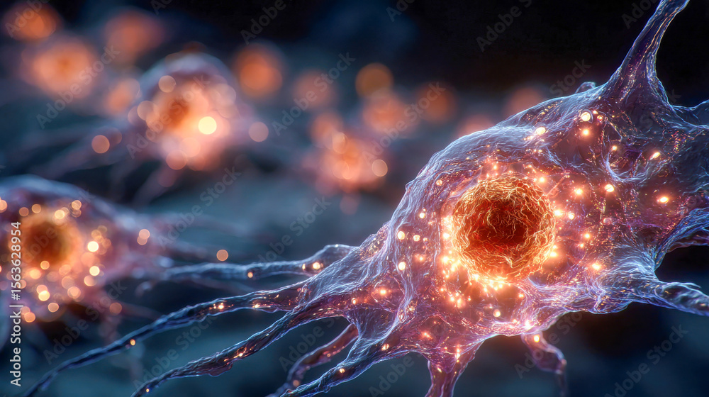 Poster a highly detailed, glowing neuron cell with branching dendrites illuminated by tiny light points, cr