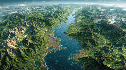 A panoramic aerial landscape featuring towering green mountains and a vast, winding river, resembling a detailed topographical map or fictional terrain
