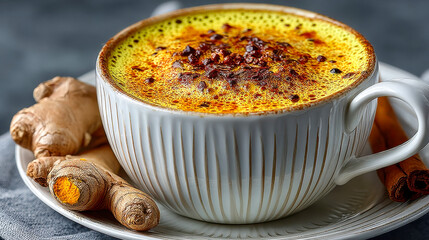 A close-up of golden milk served in a rustic white mug, topped with spices like cinnamon and turmeric, placed alongside raw turmeric roots and a cinnamon stick on a linen napkin