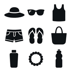 Summer Essentials Icons. Solid, filled icons set of summer outfit essentials: straw hat, sunglasses, tank top,
