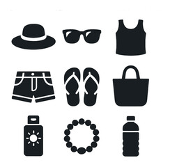 Summer Essentials Icons. Solid, filled icons set of summer outfit essentials: straw hat, sunglasses, tank top,