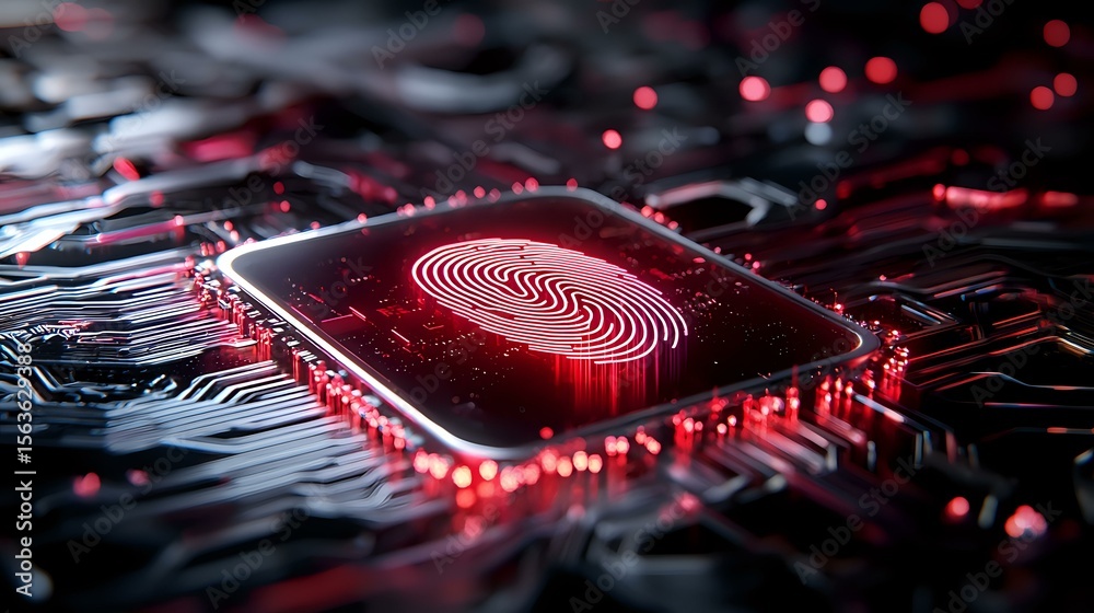 Poster glowing red fingerprint scanner on microchip with circuit board background, representing digital sec
