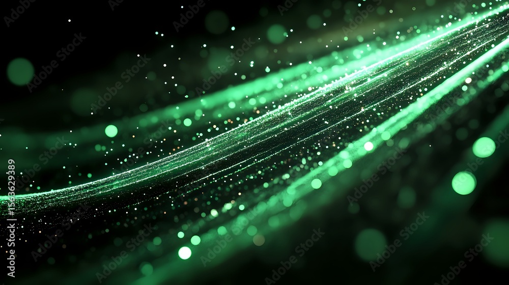 Poster glowing green light waves with sparkles and bokeh effects on dark background create dynamic motion a