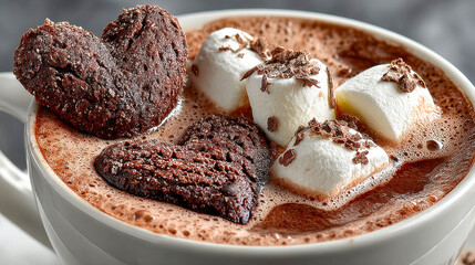 A cup of hot chocolate topped with heart-shaped marshmallows in white, pink, and cocoa flavors, creating a cozy and sweet atmosphere